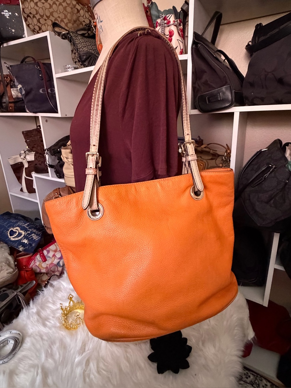 Orange Leather Shoulder Tote with Contrast Straps